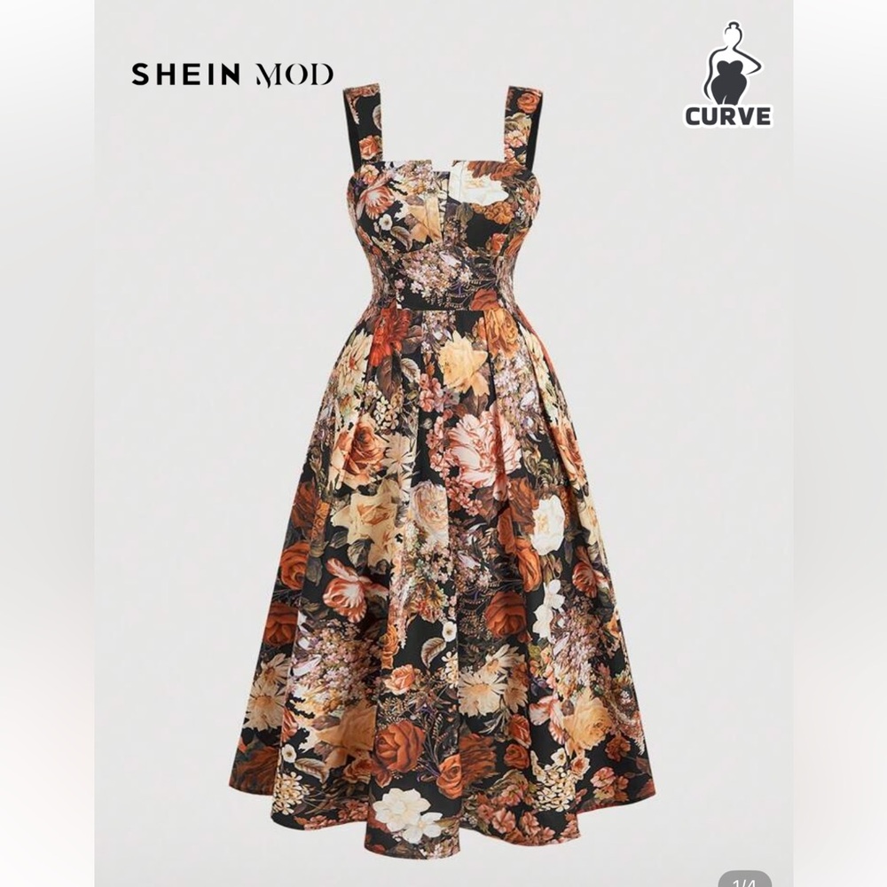SHEIN MOD Floral Midi Dress - Black and Brown